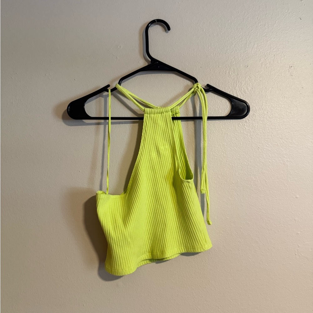Aerie Neon Yellow Ribbed One Shoulder Halter Top Size Medium